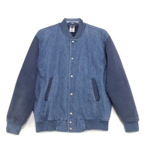Vintage Fruit of the Loom DENIM Varsity Jacket Mens L Large Blue Sweatshirt Arms